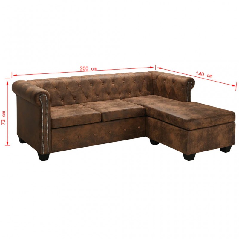 L-shaped Chesterfield Sofa Artificial Suede Leather Brown L-shaped Chesterfield Sofa Artificial Suede Leather Brown