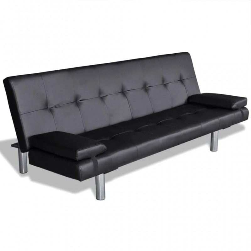 Sofa Bed with Two Pillows Artificial Leather Adjustable Black Sofa Bed with Two Pillows Artificial Leather Adjustable Black
