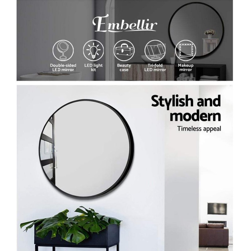 Embellir Wall Mirror Makeup 70cm Home Decor Framed Mirrors Bathroom Round Black Embellir Wall Mirror Makeup 70cm Home Decor Framed Mirrors Bathroom Round Black