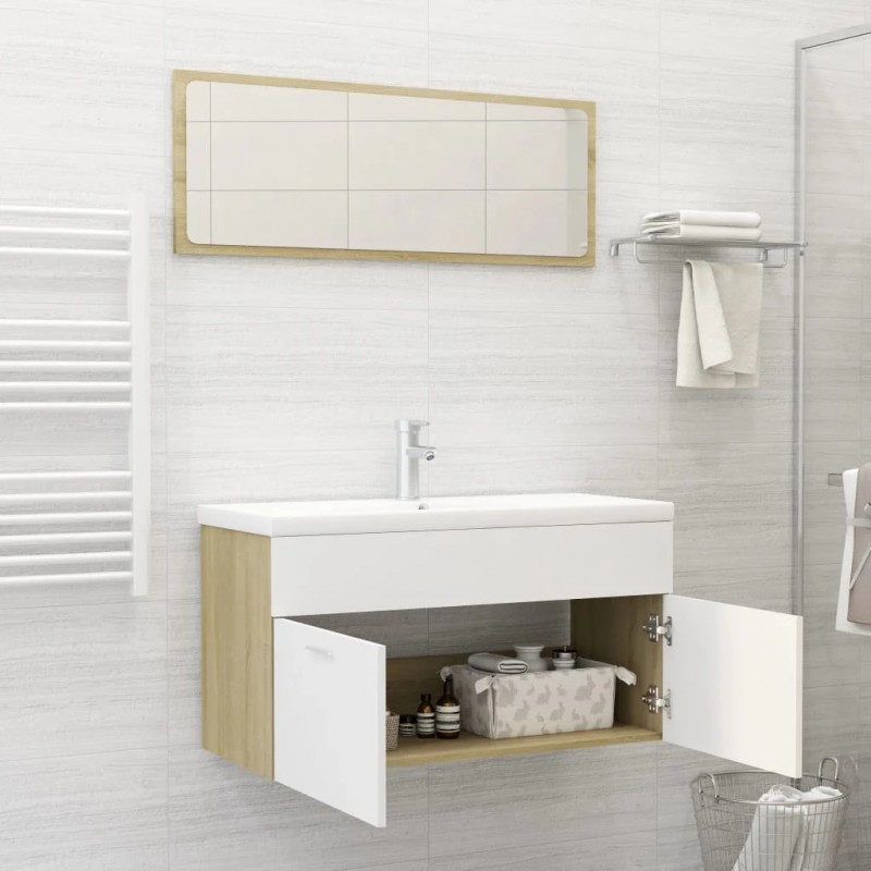2 Piece Bathroom Furniture Set White and Sonoma Oak Engineered Wood 2 Piece Bathroom Furniture Set White and Sonoma Oak Engineered Wood
