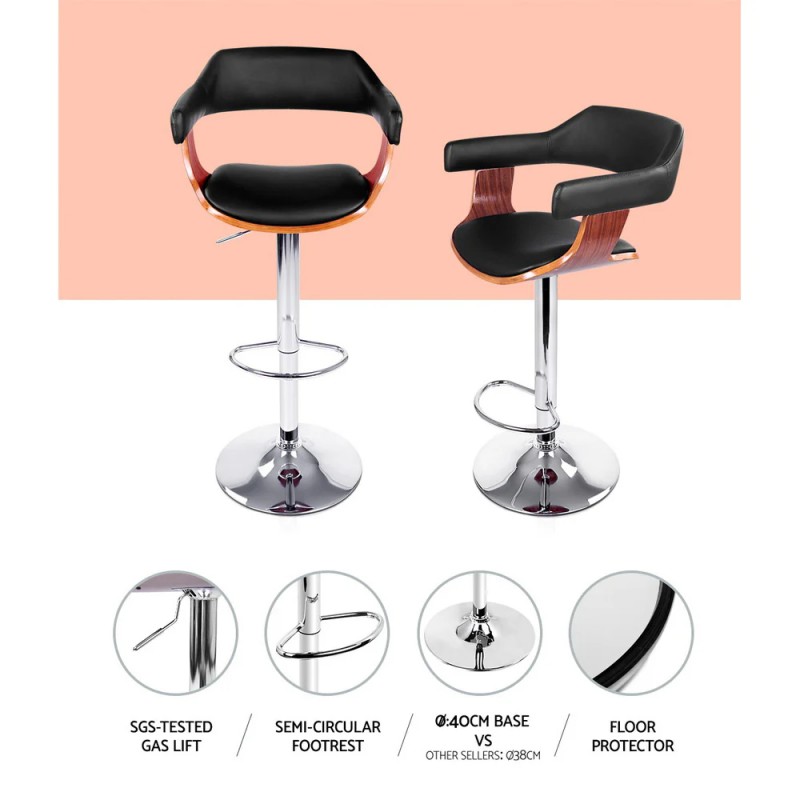 Artiss 2x Bar Stools Gas Lift Leather w/Armrest Black Artiss 2x Bar Stools Gas Lift Leather w/Armrest Black