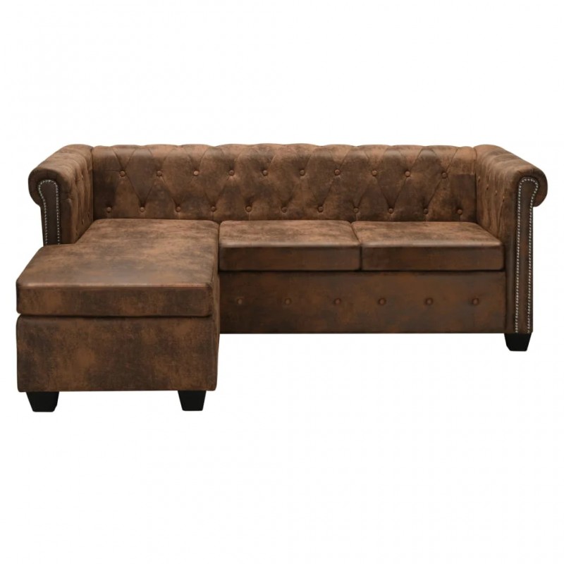 L-shaped Chesterfield Sofa Artificial Suede Leather Brown L-shaped Chesterfield Sofa Artificial Suede Leather Brown