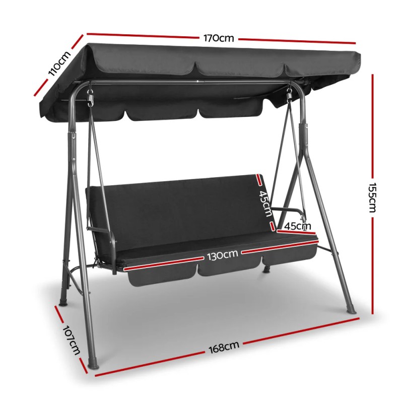 Gardeon Outdoor Swing Chair Garden Bench Furniture Canopy 3 Seater Black Gardeon Outdoor Swing Chair Garden Bench Furniture Canopy 3 Seater Black