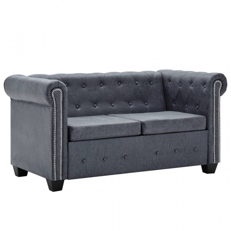Chesterfield Sofa Set Artificial Suede Leather Grey Chesterfield Sofa Set Artificial Suede Leather Grey