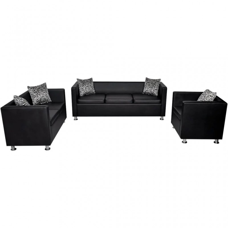 Sofa Set Artificial Leather 3-Seater 2-Seater Armchair Black Sofa Set Artificial Leather 3-Seater 2-Seater Armchair Black