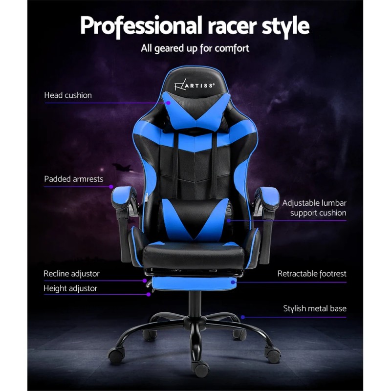 Artiss Gaming Office Chair Recliner Footrest Blue Artiss Gaming Office Chair Recliner Footrest Blue