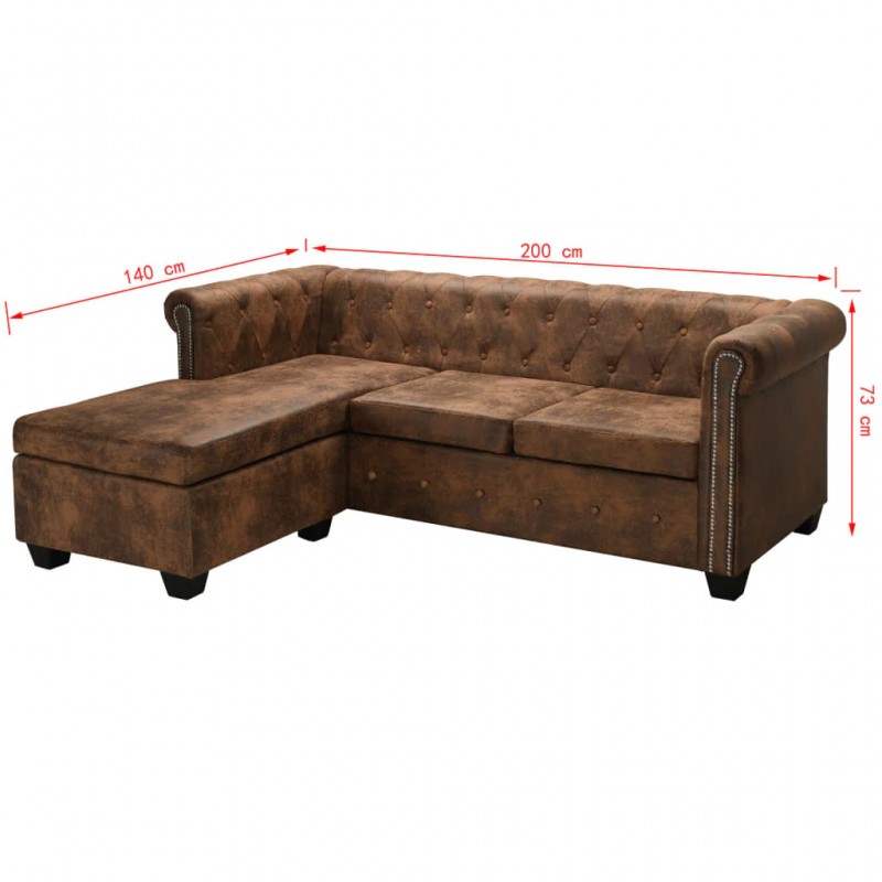L-shaped Chesterfield Sofa Artificial Suede Leather Brown L-shaped Chesterfield Sofa Artificial Suede Leather Brown