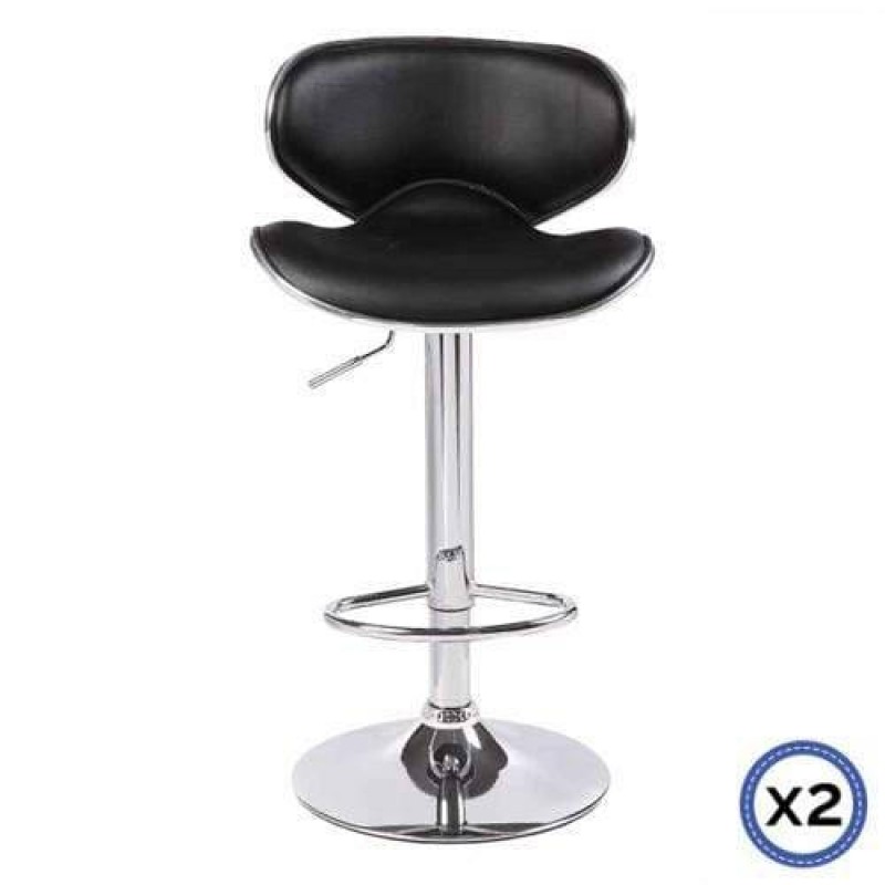 2X Black Bar Stools Faux Leather Mid High Back Adjustable Crome Base Gas Lift Swivel Chairs