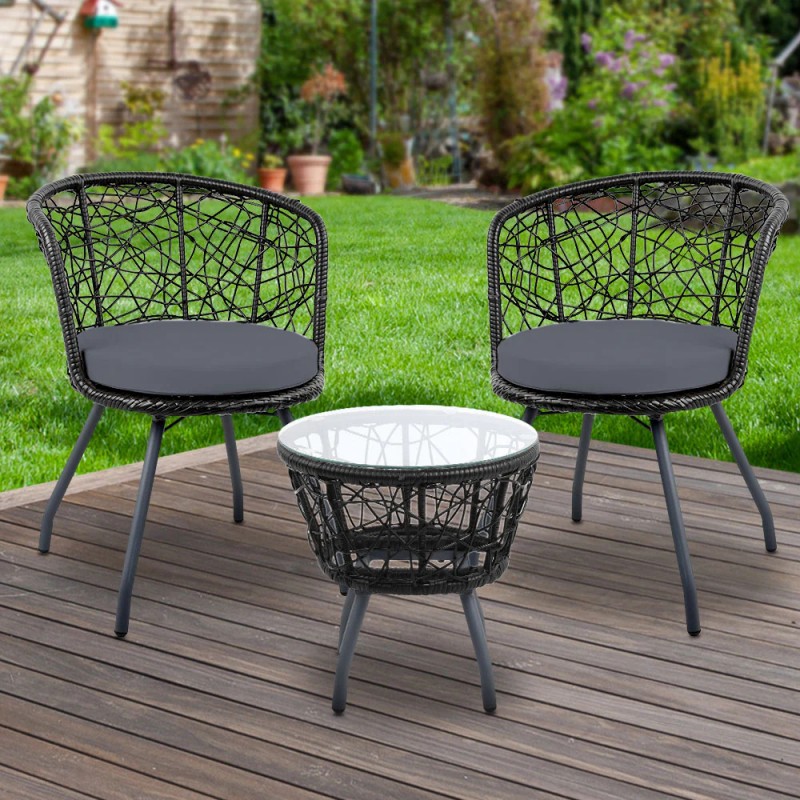 Gardeon 3PC Bistro Set Outdoor Furniture Rattan Table Chairs Patio Garden Cushion Black Gardeon 3PC Bistro Set Outdoor Furniture Rattan Table Chairs Patio Garden Cushion Black
