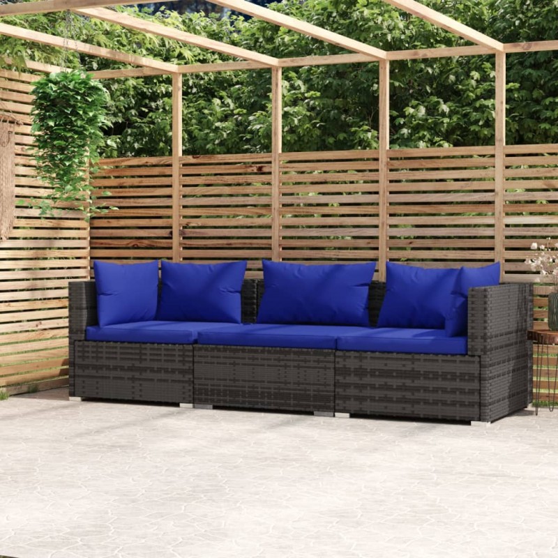 3-Seater Sofa with Cushions Grey Poly Rattan