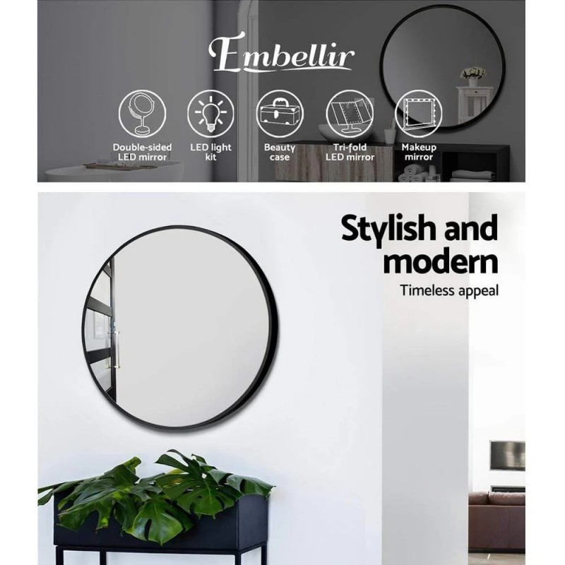 Embellir Wall Mirror Makeup 50cm Home Decor Framed Mirrors Bathroom Round Black Embellir Wall Mirror Makeup 50cm Home Decor Framed Mirrors Bathroom Round Black