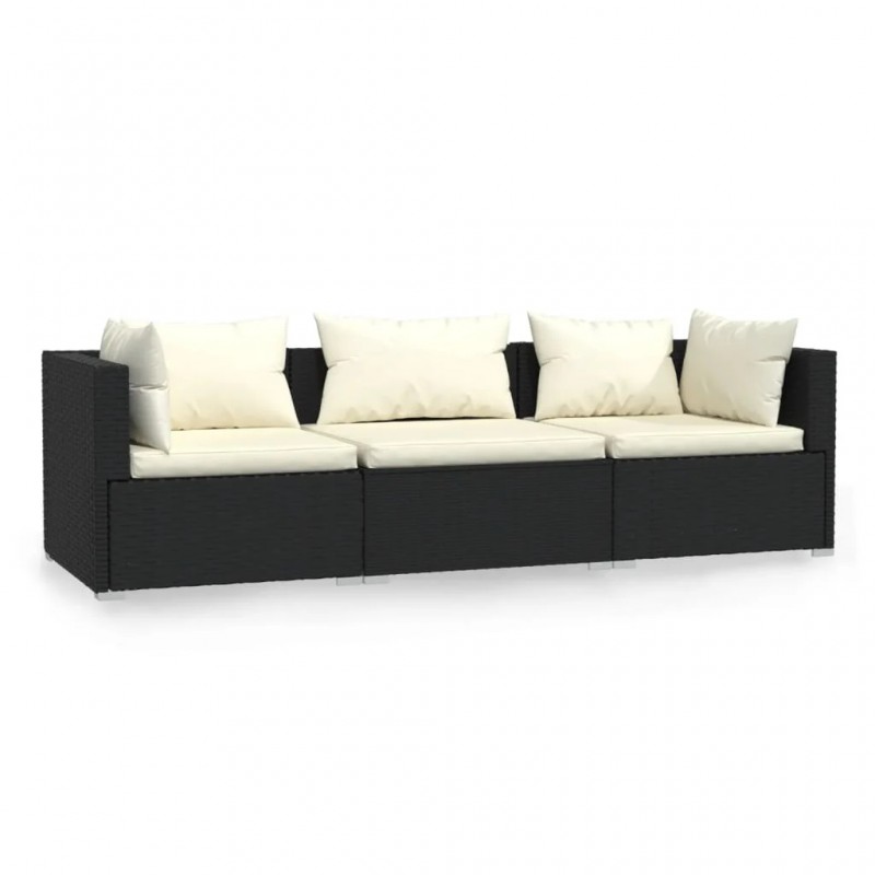 3-Seater Sofa with Cushions Black Poly Rattan 3-Seater Sofa with Cushions Black Poly Rattan