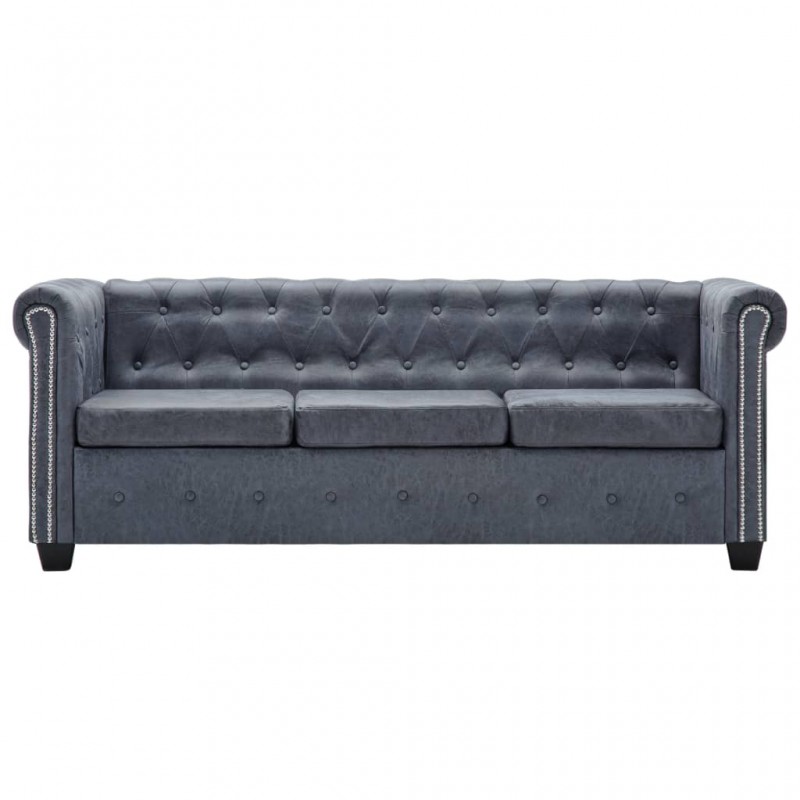 Chesterfield Sofa Set Artificial Suede Leather Grey Chesterfield Sofa Set Artificial Suede Leather Grey