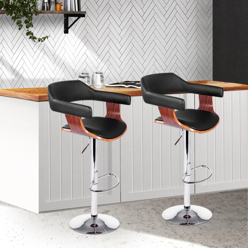Artiss 2x Bar Stools Gas Lift Leather w/Armrest Black Artiss 2x Bar Stools Gas Lift Leather w/Armrest Black