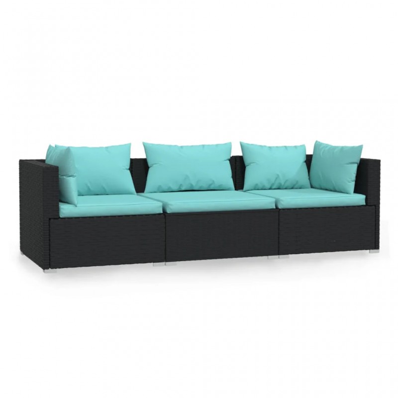 3-Seater Sofa with Cushions Black Poly Rattan 3-Seater Sofa with Cushions Black Poly Rattan