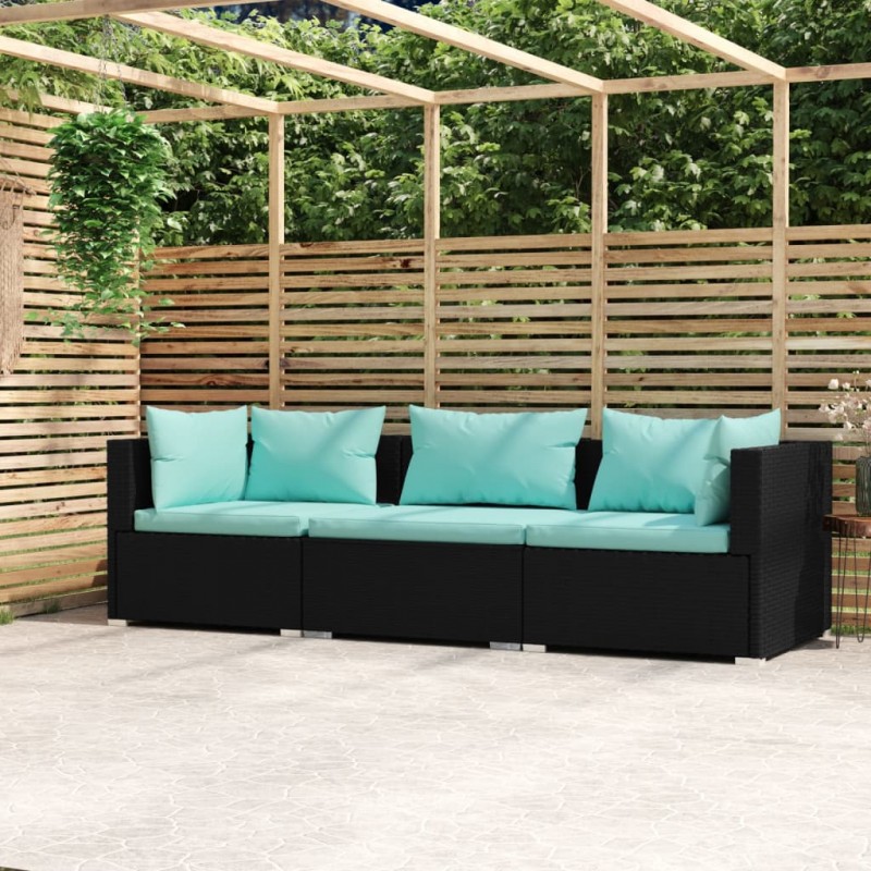 3-Seater Sofa with Cushions Black Poly Rattan