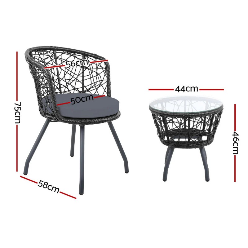 Gardeon 3PC Bistro Set Outdoor Furniture Rattan Table Chairs Patio Garden Cushion Black Gardeon 3PC Bistro Set Outdoor Furniture Rattan Table Chairs Patio Garden Cushion Black