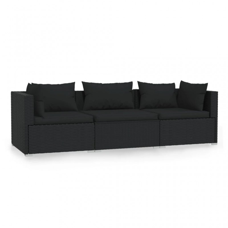 3-Seater Sofa with Cushions Black Poly Rattan 3-Seater Sofa with Cushions Black Poly Rattan