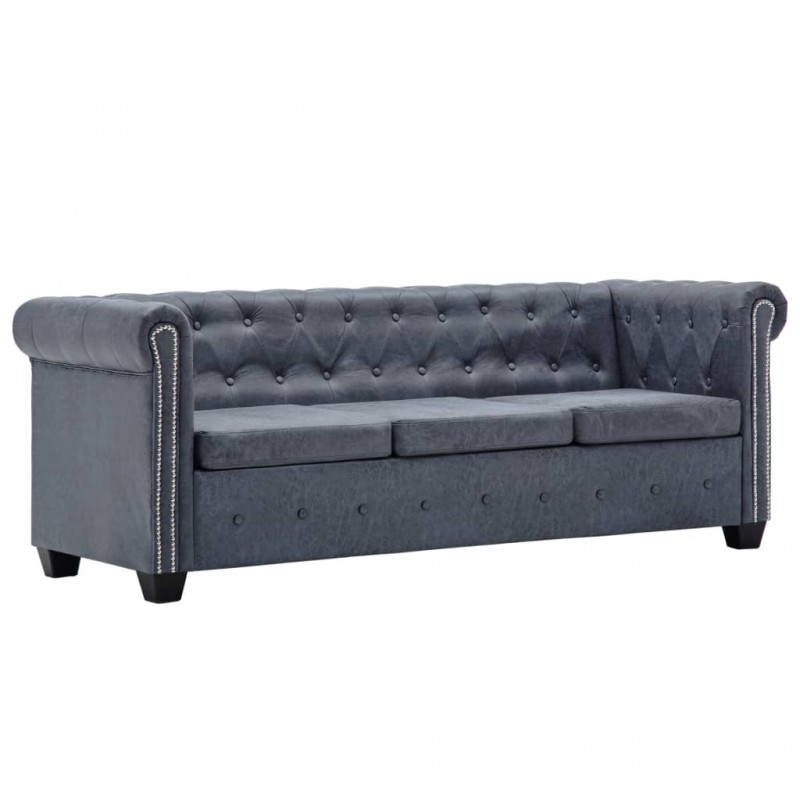 Chesterfield Sofa Set Artificial Suede Leather Grey Chesterfield Sofa Set Artificial Suede Leather Grey