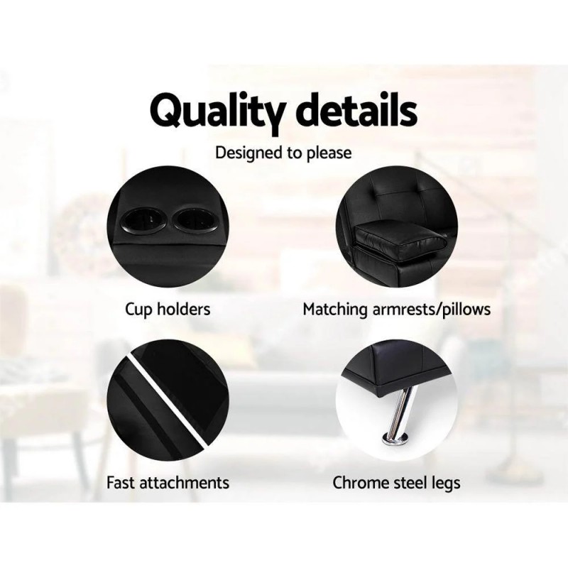 Artiss Sofa Bed 168CM Black PU Leather Artiss Sofa Bed 168CM Black PU Leather