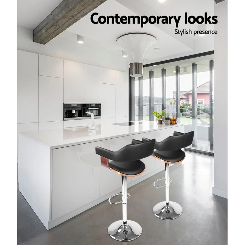 Artiss 2x Bar Stools Gas Lift Leather w/Armrest Black Artiss 2x Bar Stools Gas Lift Leather w/Armrest Black