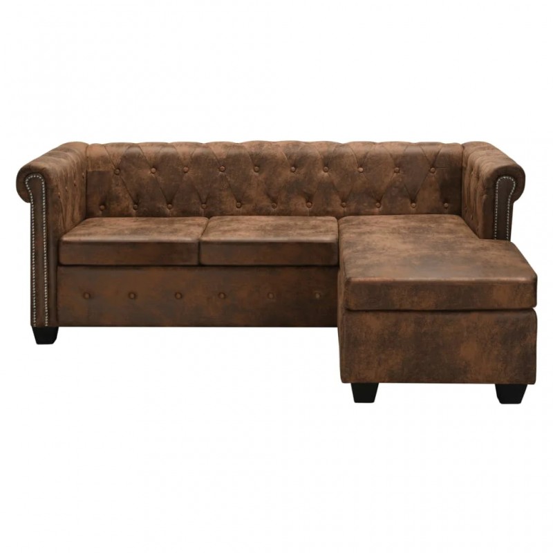 L-shaped Chesterfield Sofa Artificial Suede Leather Brown L-shaped Chesterfield Sofa Artificial Suede Leather Brown