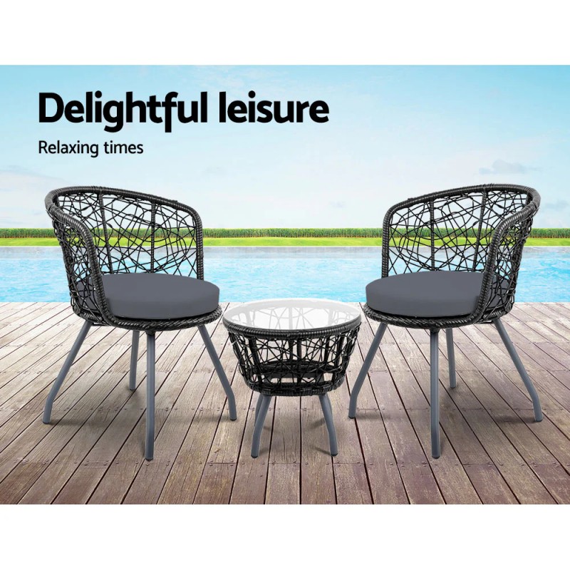 Gardeon 3PC Bistro Set Outdoor Furniture Rattan Table Chairs Patio Garden Cushion Black Gardeon 3PC Bistro Set Outdoor Furniture Rattan Table Chairs Patio Garden Cushion Black