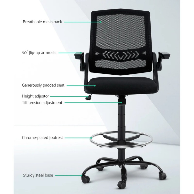 Artiss Office Chair Drafting Stool Mesh Chairs Black Artiss Office Chair Drafting Stool Mesh Chairs Black