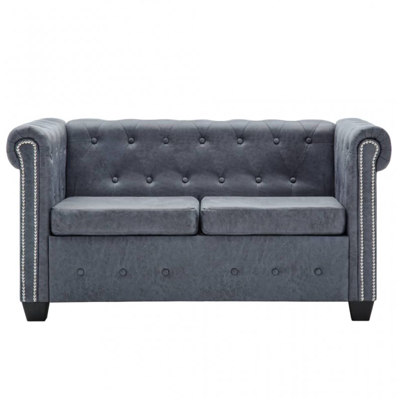 Chesterfield Sofa Set Artificial Suede Leather Grey Chesterfield Sofa Set Artificial Suede Leather Grey